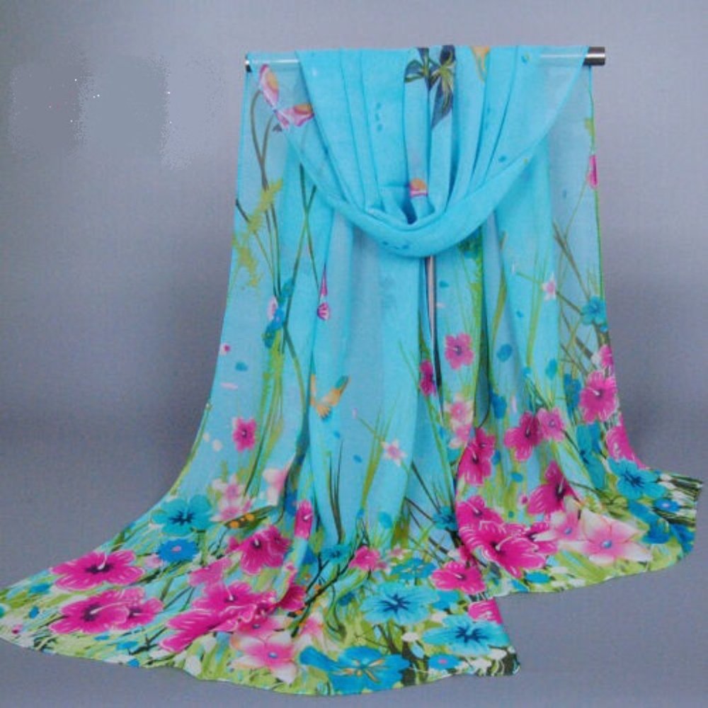 NEW Blue Floral Butterfly Synthetic Chiffon Scarf Wrap Long Shawl Scarves Pareo - Picture 2 of 3